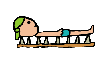 A circus performance artist lays on a bed of nails demonstrating the mystical act of mind over matter.  The nail bed or acupressure mat can also be used for meditation enabling the user to answer questions such as 