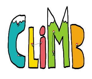 Climb is a hand drawn design featuring large letters with icy peaks, and stickman climbers attempting to reach the top. For climbing fans with a sense of fun.