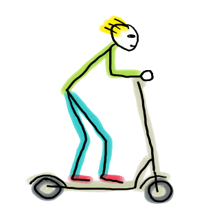 Fun hand drawn electric scooter image shows a stickman riding an e-scooter at speed.