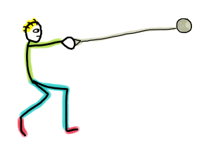 Hammer Throw Stickman is a fun hand-drawn design showing an athlete in the wind-up stage, getting ready to release the hammer. Cool motion art for fans of hammer-throwing.