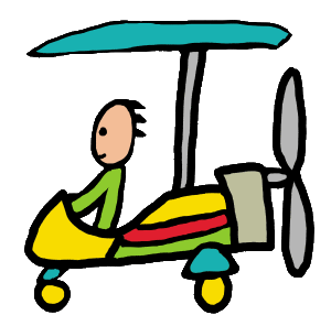 Microlight design in bold bright graphic features ultralight pilot in modern airborne craft.  Fun image for microlight daredevils.