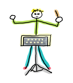 Fun hand drawn Orchestra Conductor design shows a stickman conductor controlling the orchestra with a baton and wave of his hands.