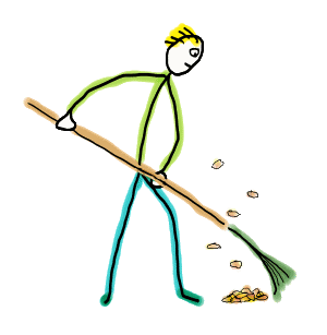 Raking Leaves is a fun hand-drawn design showing a gardener tackling the important fall task of raking up Autumn leaves.  
