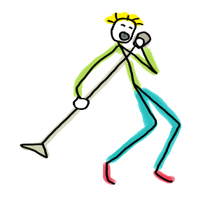 Stickman Singer in full voice - gripping the mic and stand with expressive flair and colorful confidence. This hand-drawn character features yellow hair, a green top, blue pants, and red shoes, caught mid-performance with an open mouth and bold posture. A celebration of musical passion and personality, perfect for vocalists, karaoke fans, or anyone who sings like they mean it.