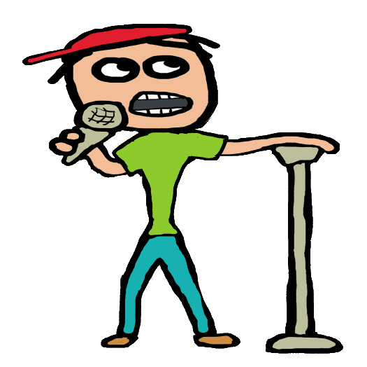 Stickman stand up comic delivering zingers with microphone in hand while resting other hand on mic stand