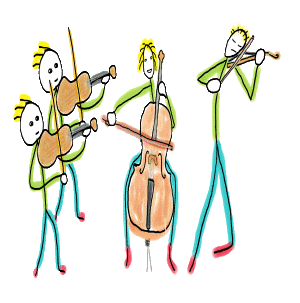 String Quartet Stickmen is a fun hand-drawn design featuring two violins, a cello, and a viola player - all in stickman style.  This ensemble is coming to the next recital near you.