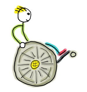 A funny and positive speedy wheelchair design showing a wheelchair and stickman user hand drawn in a cool humorous style.